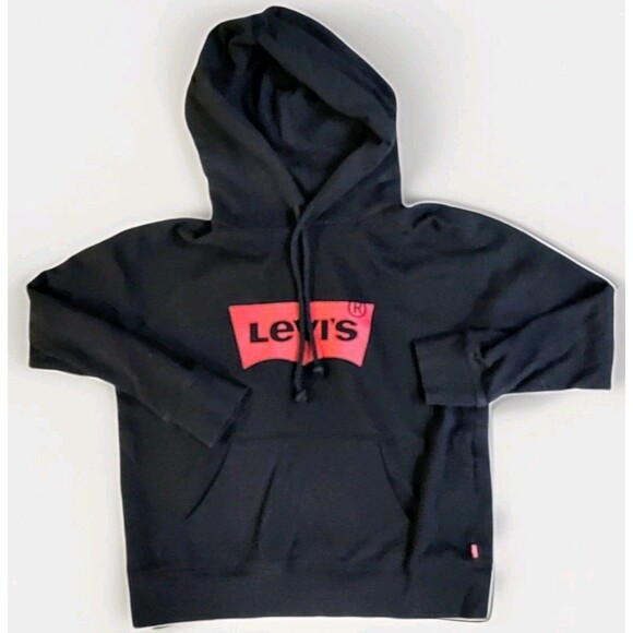 Levi’s Black Hoodie Sweatshirt Women's Medium Red Batwing Logo Graphic Printed - Picture 1 of 11